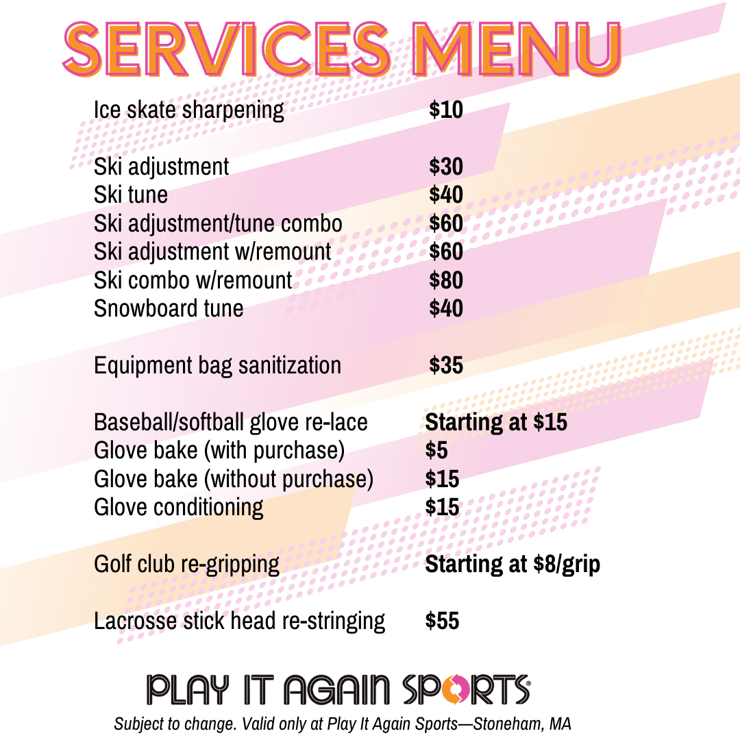 graphic outlining available services at Play It Again Sports in Stoneham, MA